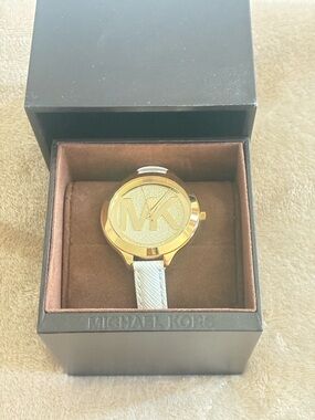 Michael Kors White Leather Strap Watch with Gold Buckle